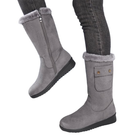 Women's Slip on Mid Calf Boots, Plus Size Warm Fleece Lined Side Zipper Winter Casual Boots with Breathable Upper and Non Slip Sole, Cozy Footwear for Cold Weather Daily Wear