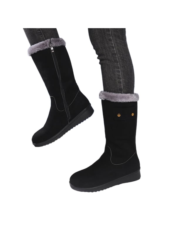 Women's Slip on Mid Calf Boots, Plus Size Warm Fleece Lined Side Zipper Winter Casual Boots with Breathable Upper and Non Slip Sole, Cozy Footwear for Cold Weather Daily Wear