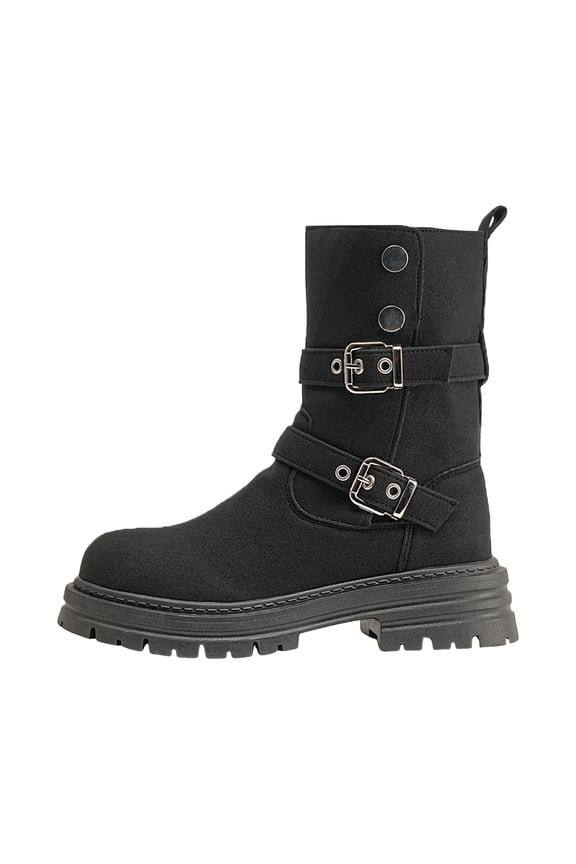 Women's Slip On Black Mid Calf Combat Boots Fashion Belt Buckle Wide Calf Riding Platform Booties