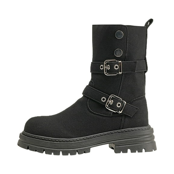 Women's Slip On Black Mid Calf Combat Boots Fashion Belt Buckle Wide Calf Riding Platform Booties