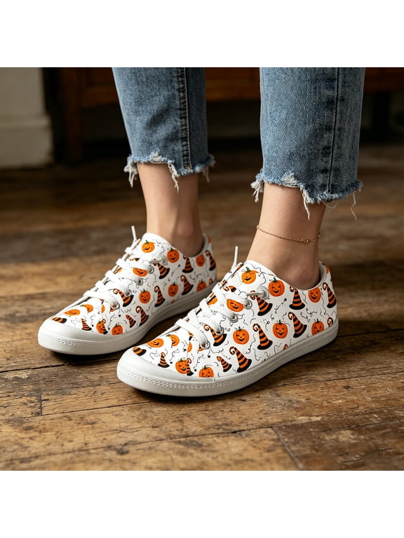 Women's Slip On Breathable Walking Shoes, Halloween Print Low Top Flat Canvas Design with Cushion Sole, Festive Sneakers for Holiday Party Gift