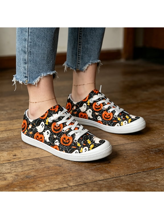 Women's Slip On Breathable Walking Shoes, Halloween Print Low Top Flat Canvas Design with Cushion Sole, Festive Sneakers for Holiday Party Gift