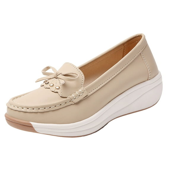 Women's Slip-On Casual Shoes Lightweight Non-Slip Wedge Loafers with Bow and Studs for Summer Outdoor Indoor Fashion Beige,36