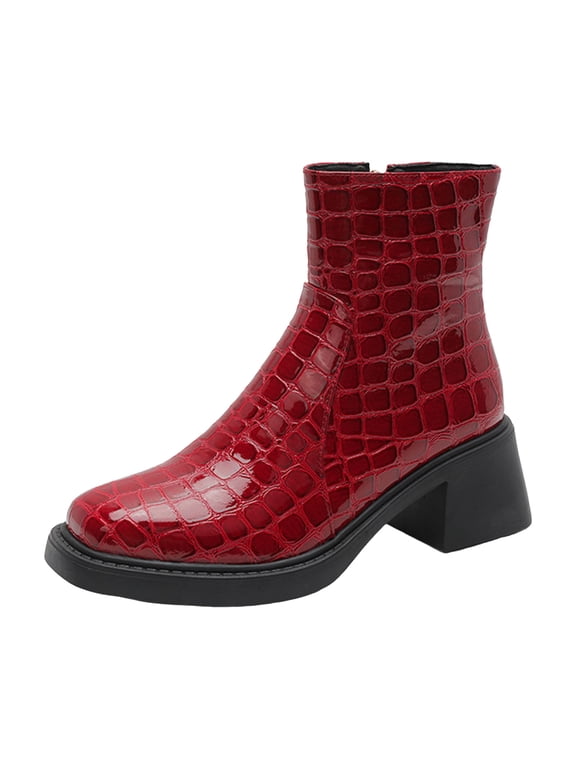 Women's Slip On Chelsea Boots Fashion Square Toe Ankle Platform Booties Patent Leather Chunky Heel Dress Shoes