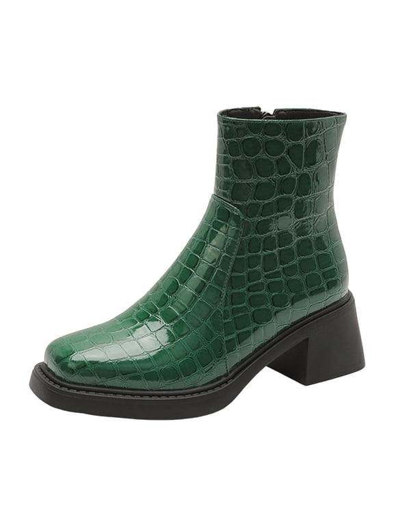 Women's Slip On Chelsea Boots Fashion Square Toe Ankle Platform Booties Patent Leather Chunky Heel Dress Shoes