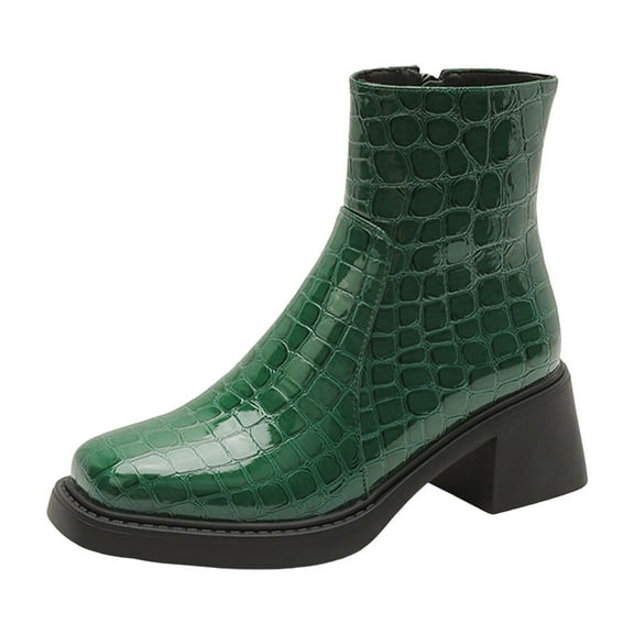 Women's Slip On Chelsea Boots Fashion Square Toe Ankle Platform Booties Patent Leather Chunky Heel Dress Shoes