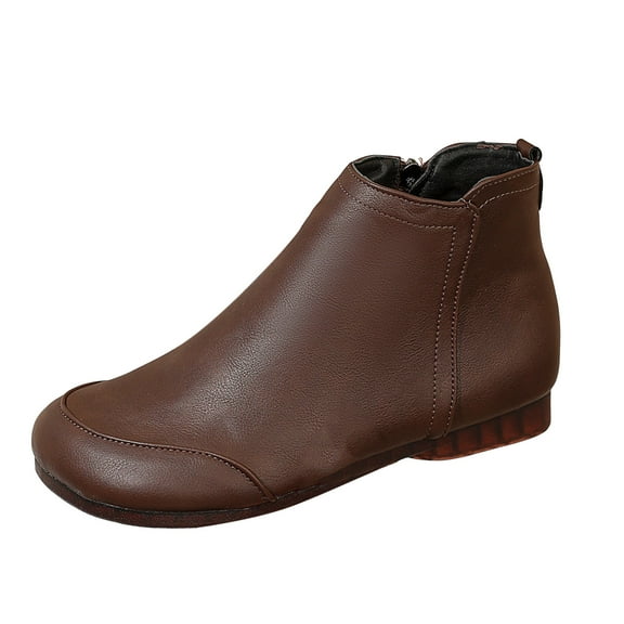 Women's Slip On Flat Ankle Boots Soft Leather Round Toe Short Dress Booties Wide Width Non Slip Walking Shoes Brown Size 8