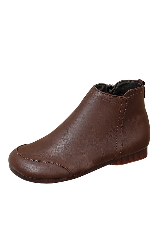 Women's Slip On Flat Ankle Boots Soft Leather Round Toe Short Dress Booties Wide Width Non Slip Walking Shoes Brown Size 9.5