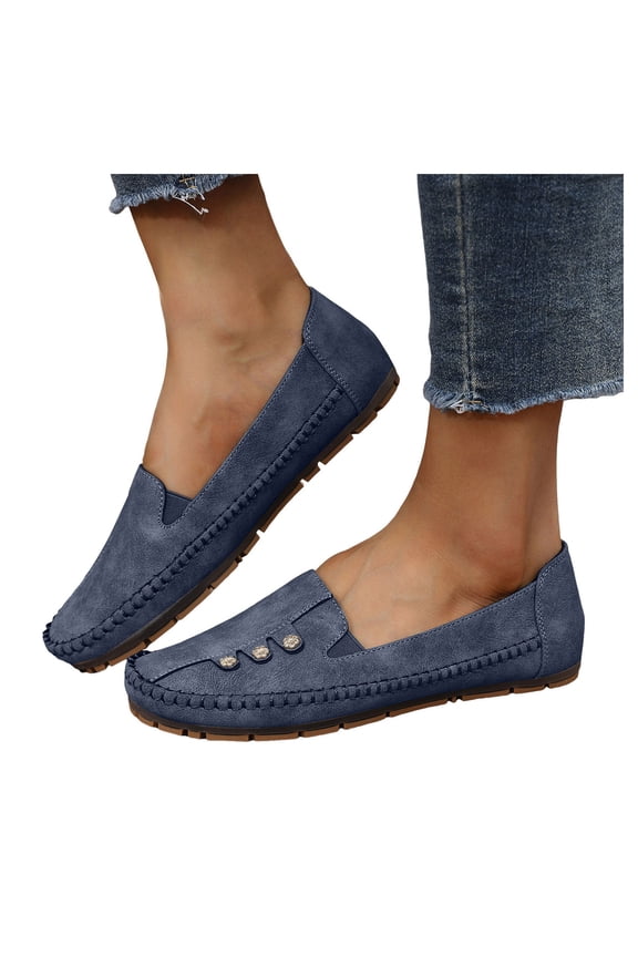 Women's Slip On Flats Loafers Wide Toe Box Comfortable Walking Shoes Non Slip Low Top Business Dress Shoes Blue Size 7.5