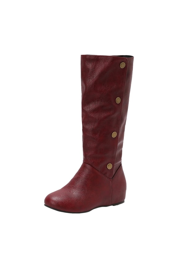 Women's Slip On Fleece Lined Winter Boots Hidden Wedge Non Slip Knee High Booties Snap Wide Calf Flat Riding Boots Red Size 5.5