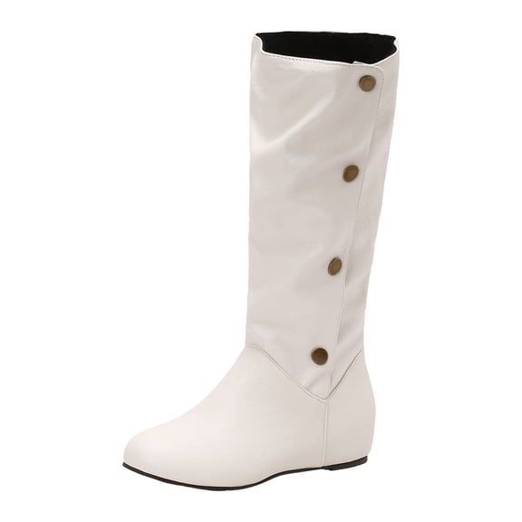 Women's Slip On Fleece Lined Winter Boots Hidden Wedge Non Slip Knee High Booties Snap Wide Calf Flat Riding Boots White Size 7.5