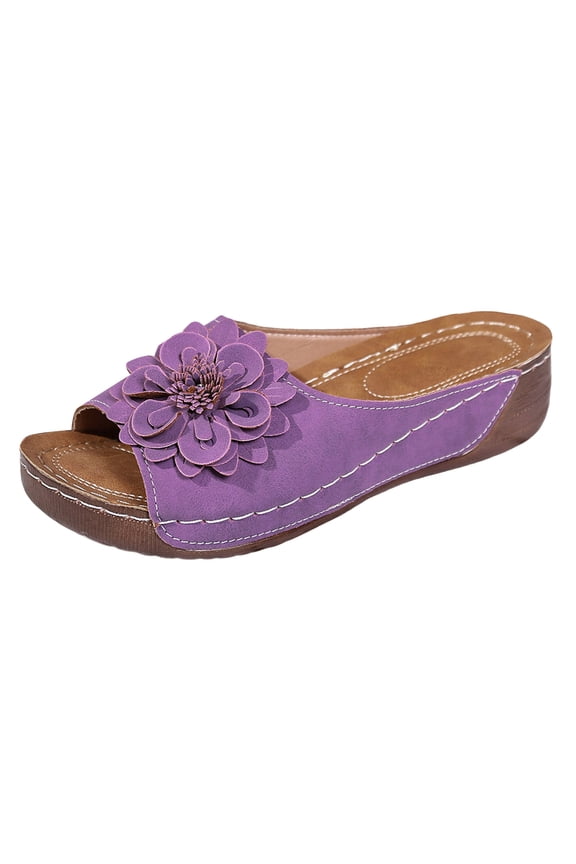 Women's Slip On Flower Platform Sandals Fashion Orthotic Slides Lightweight Wedge Slippers with Arch Support Purple Size 6