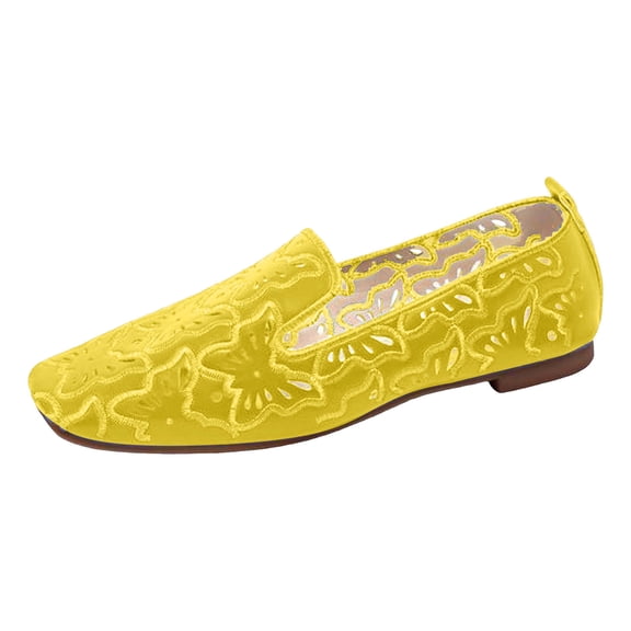 Women's Slip On Hollow Out Faux Leather Flat Shoes Fashion Square Toe Low Cut Loafers Non Slip Low Heel Dress Shoes Yellow Size 7.5
