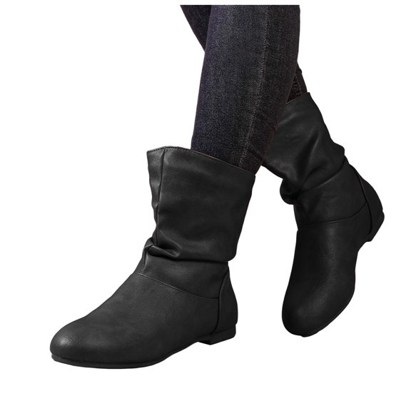 Women's Slip On Leather Slouchy Mid Calf Boots Wide Toe Box Flat Ankle Boots Casual Non Slip Wide Calf Riding Booties Black Size 8