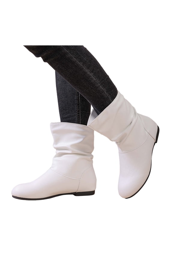 Women's Slip On Leather Slouchy Mid Calf Boots Wide Toe Box Flat Ankle Boots Casual Non Slip Wide Calf Riding Booties White Size 9