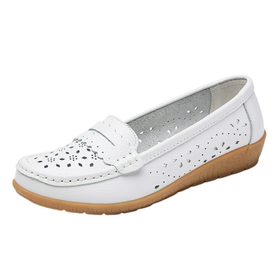 Women's Slip-On Loafers Lightweight Non-Slip Casual Shoes Breathable Leather Comfortable Wedge Summer Footwear for Daily Wear White,42