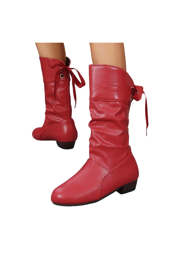 Women's Slip On Mid Calf Boots Block Low Heel Wide Calf Riding Booties Fashion Back Strap Round Toe Fall Cowboy Boots Red Size 7.5