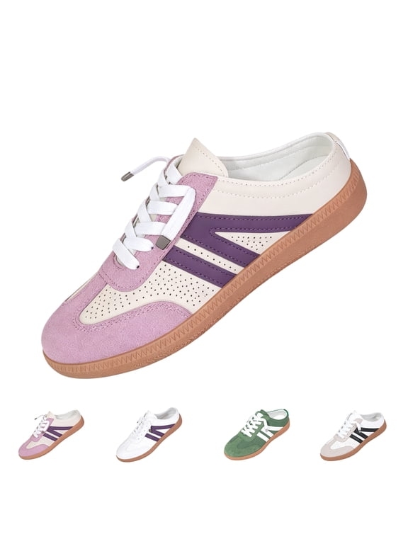 Women's Slip On Mule Sneakers, Striped Round Toe Lace Up Casual Flat Walking Shoes,37