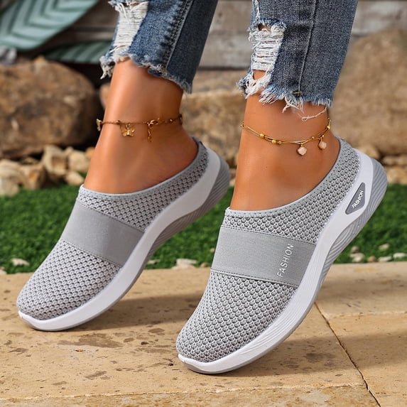 Women's -On Mules Breathable Mesh Summer Slippers Lightweight Soft Sole Casual Shoes(Grey,7.5)