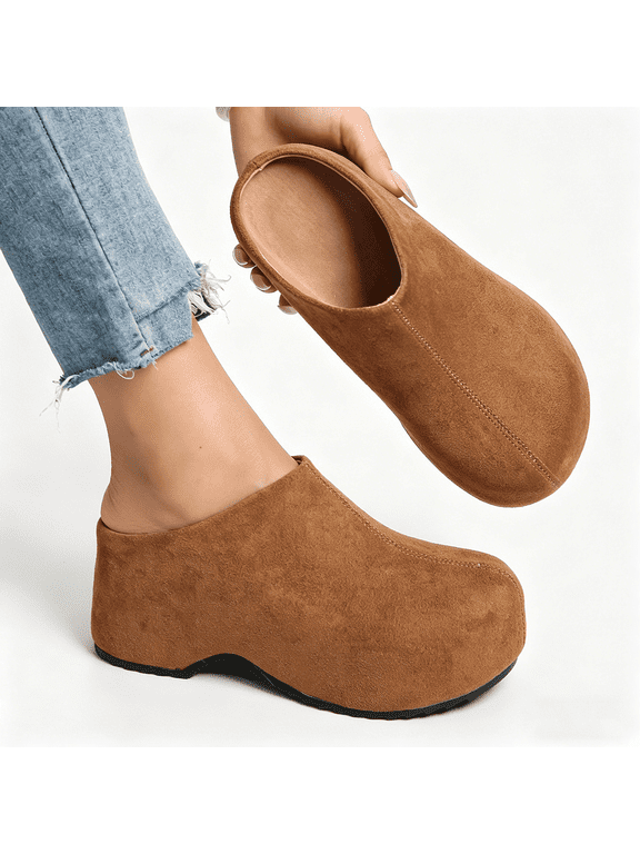 Women's Slip-On Platform Mule Clogs, Faux Suede, Casual Closed Toe Shoes