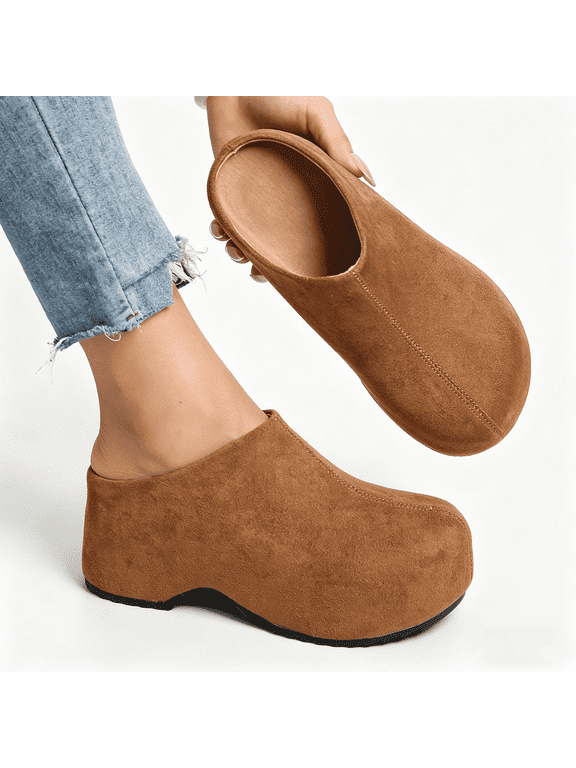 Women's Slip-On Platform Mule Clogs, Faux Suede Wedge Comfort Shoes, Casual Backless Loafers