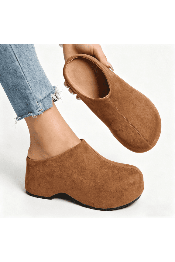 Women's Slip-On Platform Mule Clogs, Faux Suede Wedge Comfort Shoes, Casual Backless Loafers