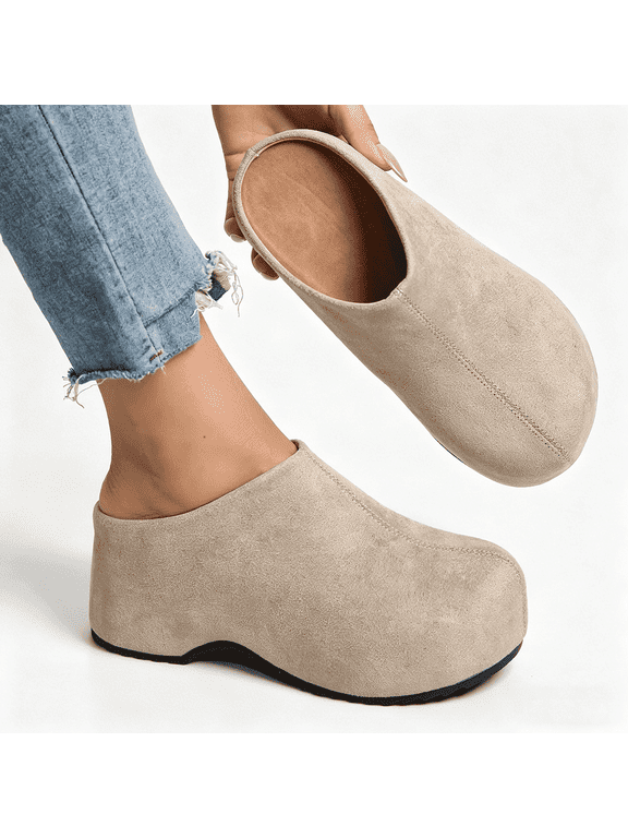 Women's Slip-On Platform Mule Clogs, Faux Suede Wedge Comfort Shoes, Casual Backless Loafers