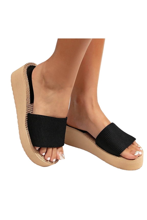 Women's Slip On Platform Sandals Comfortable Non Slip Dress Shoes Open Toe Knit Summer Flatform Slide Sandal Black Size 6