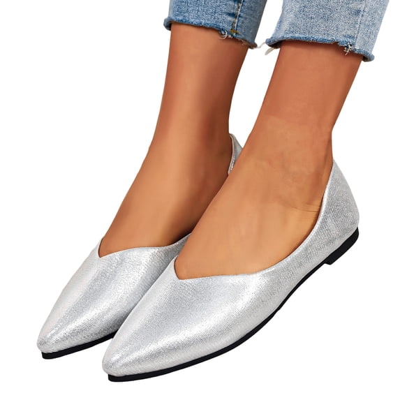 Women's Slip On Pointed Toe Ballet Flats Shoes Comfortable PU Leather Soft Sole Non Slip Casual Dress Shoe Silver Size 10