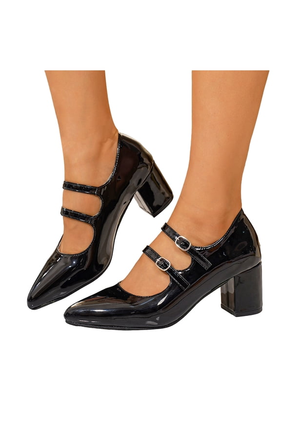 Women's Slip On Pointed Toe Patent Leather Mary Jane Shoes Low Chunky Heel Pumps Shoes with Adjustable Strap