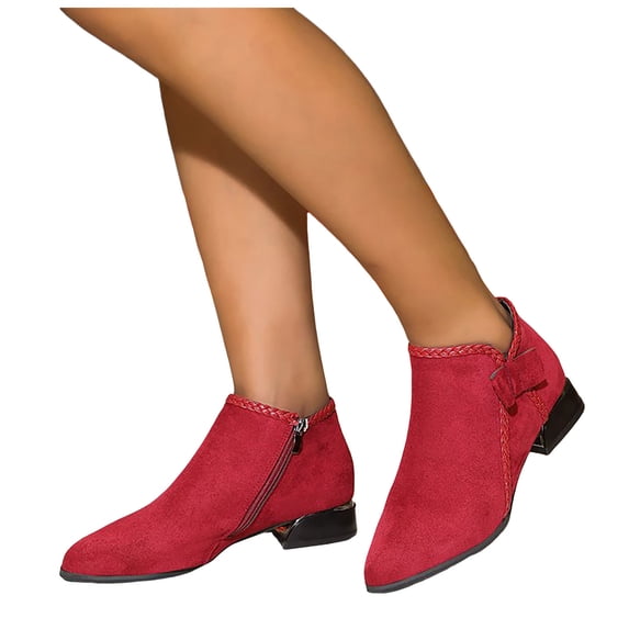 Women's Slip On Red Ankle Boots Western Pointed Toe Block Low Heel Chelsea Booties Suede Fall Dress Short Boots