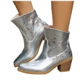 thumbnail image 1 of Women's Slip On Shiny Leather Chelsea Boots Wide Calf Chunky Heel Pointed Toe Western Ankle Booties, 1 of 7