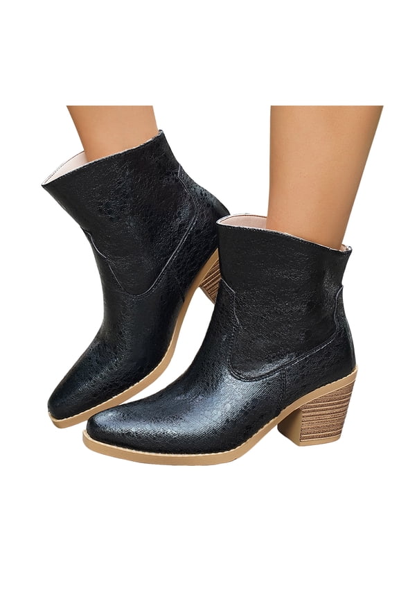 Women's Slip On Shiny Leather Chelsea Boots Wide Calf Chunky Heel Pointed Toe Western Ankle Booties