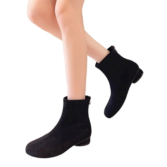 Women's Slip On Suede Fall Boots Comfortable Wide Toe Box Block Low Heel Dress Booties with Back Zipper Black Size 6