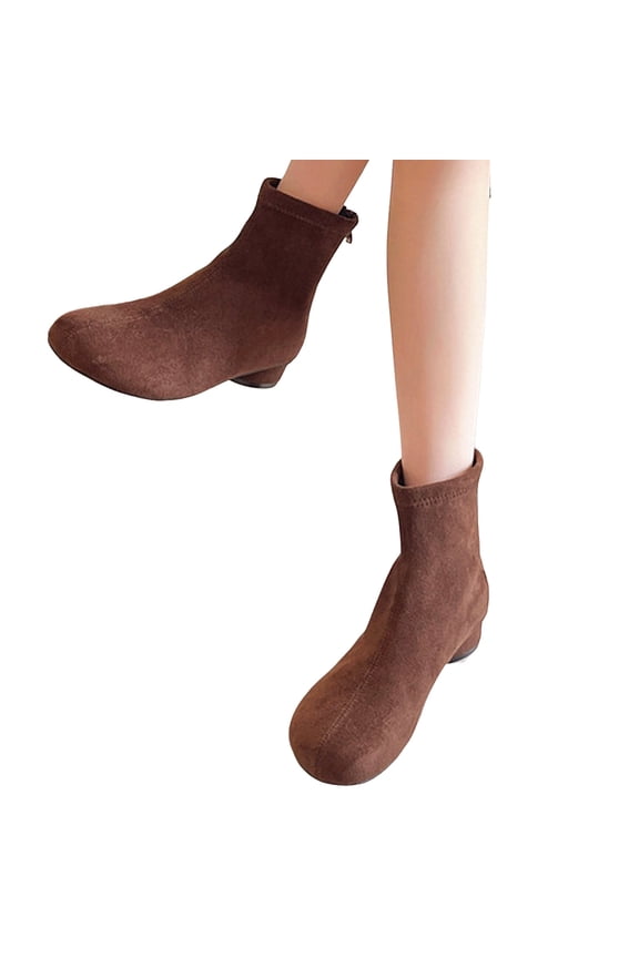 Women's Slip On Suede Fall Boots Comfortable Wide Toe Box Block Low Heel Dress Booties with Back Zipper Brown Size 8
