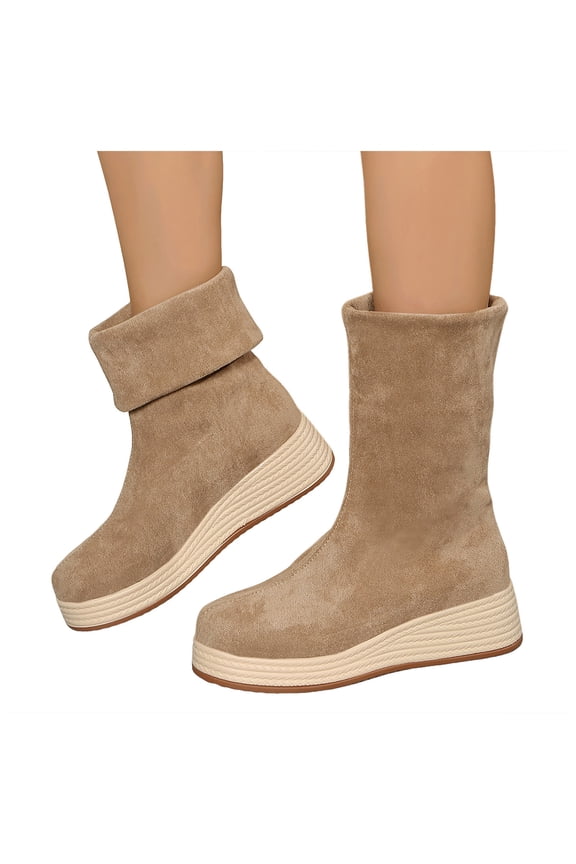 Women's Slip On Suede Mid Calf Boots Wedge Platform Fold Over Booties Casual Non Slip Dress Ankle Fall Boots Brown Size 9.5
