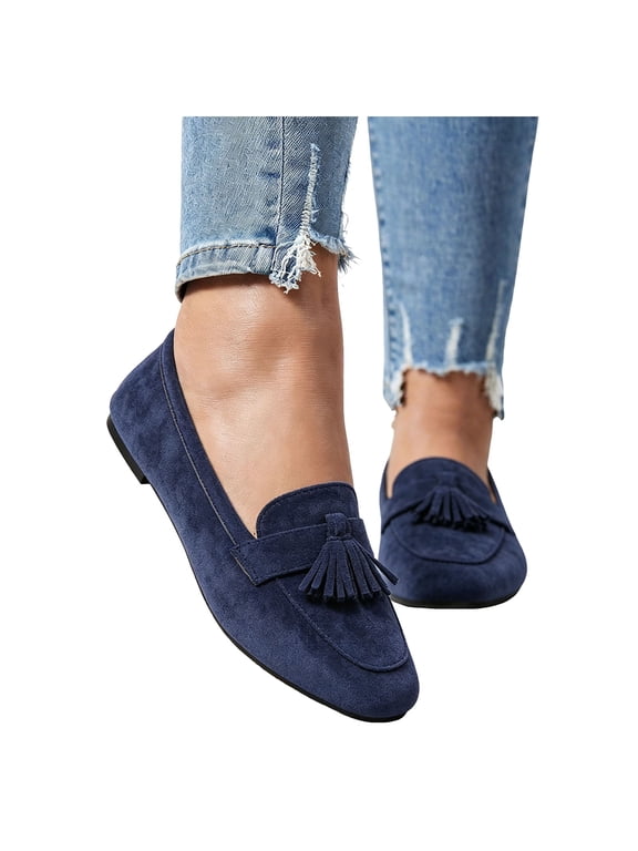 Women's Slip On Tassel Suede Ballet Flat Lightweight Slip On Loafers Fashion Square Toe Non Slip Work Shoes Blue Size 7