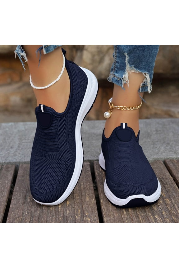 Women's Slip On Walking Shoes, Breathable Fly Knit Lightweight Comfort Casual Sneakers for Elderly Seniors & Daily Wear 04-Navy 36