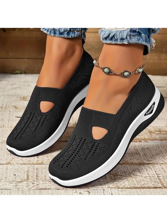 Women's Slip On Walking Shoes Breathable Knit Sneakers Lightweight Casual Comfort Low Top Loafers Flat Everyday Wear