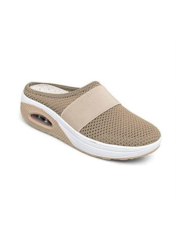 Women's Slip-On Walking Shoes with Air Cushion Shock-proof Mesh Upper Platform Loafers Breathable  43 Khaki