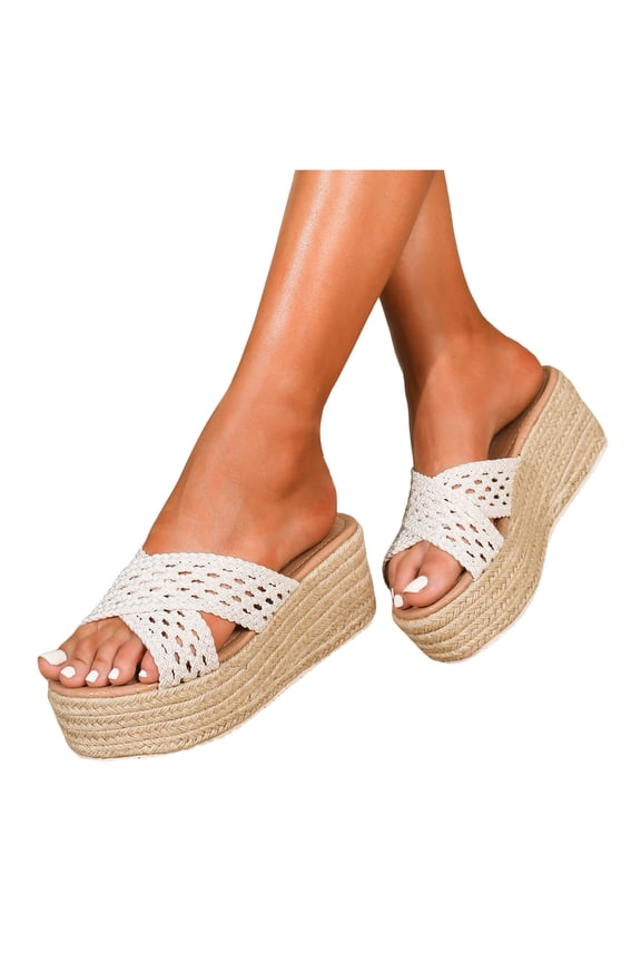 Women's Slip On Woven Slide Platform Sandals Lightweight Beach Sandal Arch Support Non Slip Summer Slippers White Size 7.5