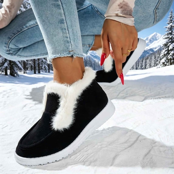 Women's Slip On Short Boots Full Fleece Lined Suede Fluffy Fur Trim Round Toe Anti-Slip Flat Sole for Snowy Outdoor Cold Weather Walks, Snow Boots for Women Black 6.5