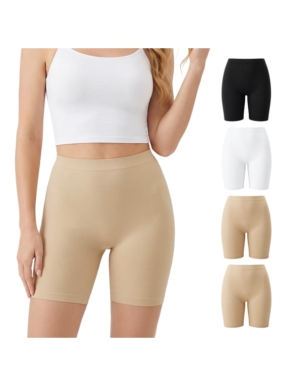 Slip Shorts for Women Under Dresses, Seamless Anti Chafing Long Leg Boyshorts Panties with Light Compression, No Ride Up for Yoga Workout Cycling, 4 Pack, Multicolor, L