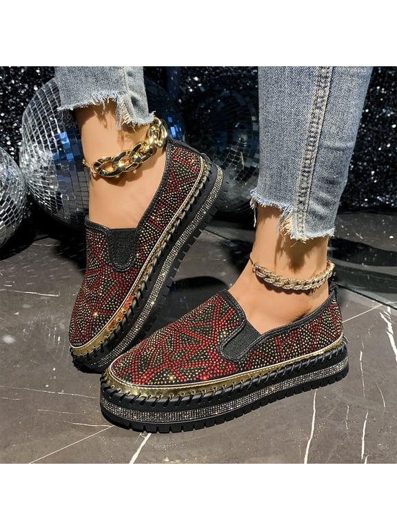 Women's Slip on Sneakers, Rhinestone Platform Shoes with Cushioned Insole, Comfortable Wedge Loafers for Casual Daily Walking, Sparkly Flats for Outdoor and Indoor Use