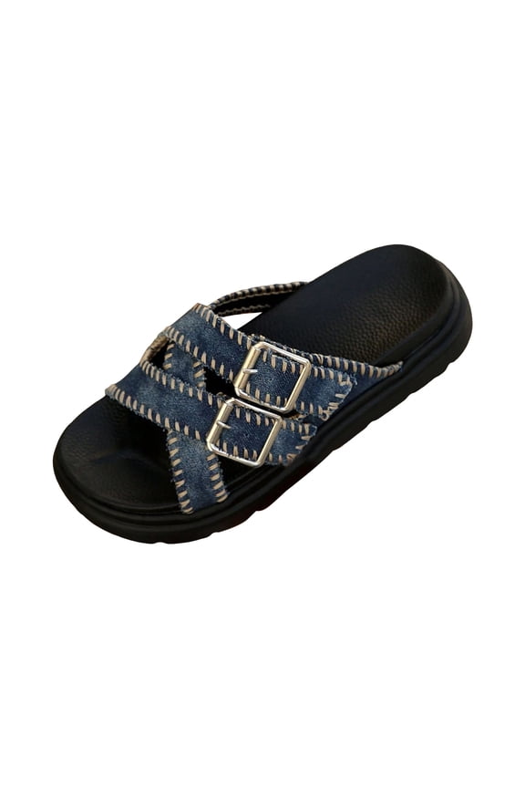 Women's Slip on Denim Platform Sandals Open Toe Slip on Walking Slide Adjustable Buckle Strap Hollow Out Mules