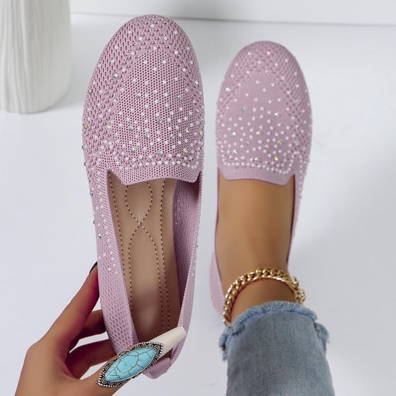 Women's Slip on Flats, Breathable Mesh Round Toe Casual Shoes, Lightweight Rhinestone Flats for Office Walking, Daily Errands, Weekend Outings