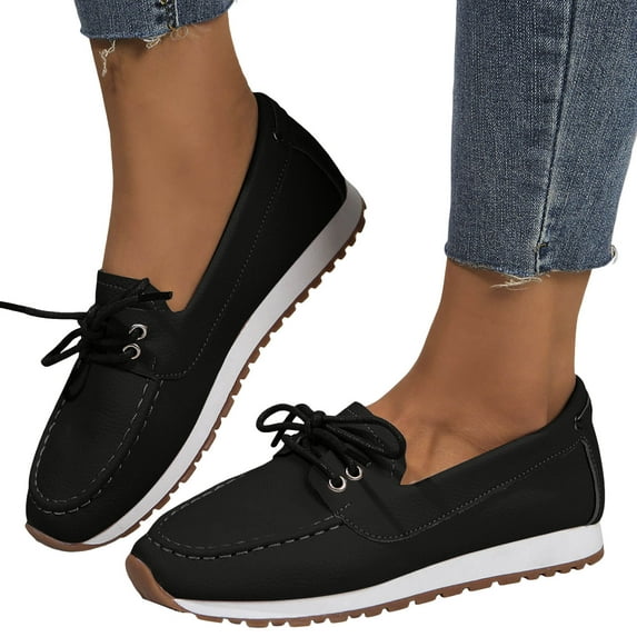 Women's Slip on Loafers Casual Leather Lace up Flats Walking Shoes Autumn Low Top Fashion Sneakers