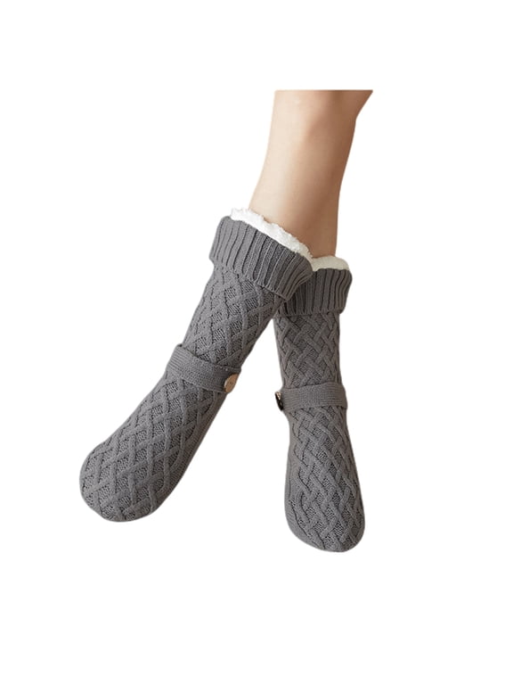 Women's Slipper Socks with Grips Non Slip Soft Cozy Fuzzy Fleece Lined Cable Knit Socks for Cold Winter