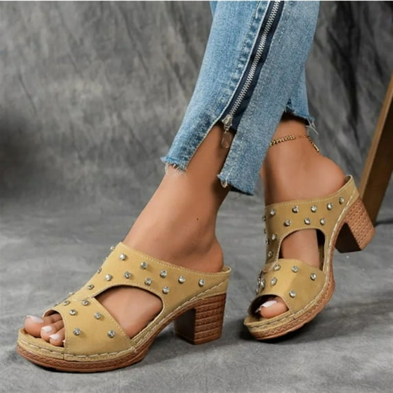 Women's Slippers Chunky Heel Open Toe Peep ToeSlip-On Slides Slippers Shoes Footwear for Women Beach Vacation Holiday Vintage Fashion Brown 39