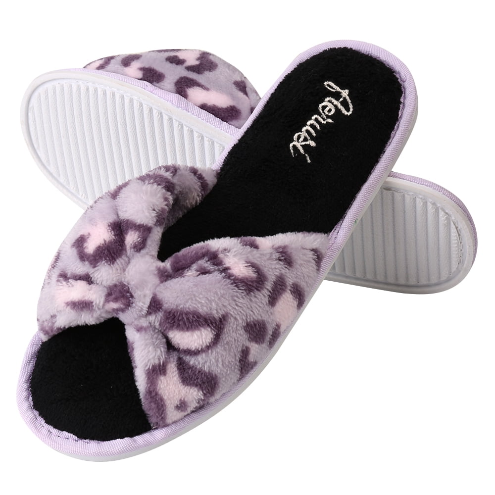Women's Slippers Cozy Open Toe Slides Fuzzy SPA Memory Foam House Slippers with Bow